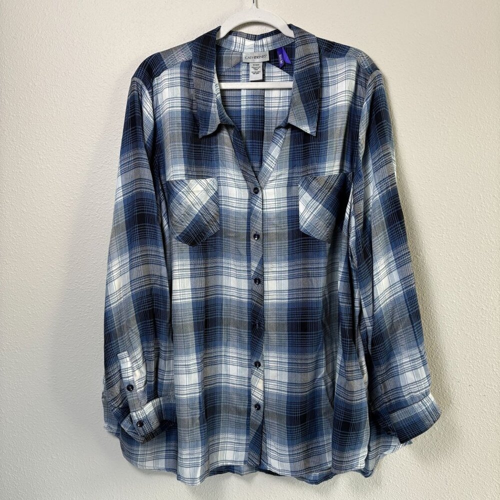 Catherines Button Up Top Size 2XWP Petite 2X Blue Plaid Long‎ Sleeve Lumberjack